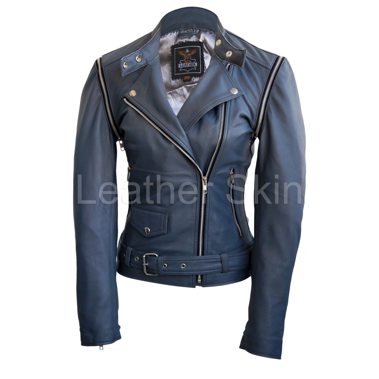 Leather Skin Women Gray Grey Brando Genuine Leather Jacket