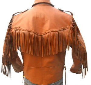 Leather Skin Men Orange Western Fringes Cowboy Genuine Real Leather Jacket