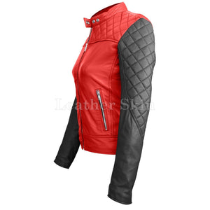 Leather Skin Women Red with Black Sleeves Shoulder Quilted Genuine Leather Jacket