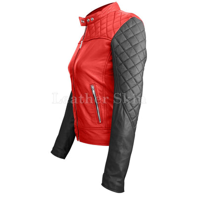 Leather Skin Women Red with Black Sleeves Shoulder Quilted Genuine ...