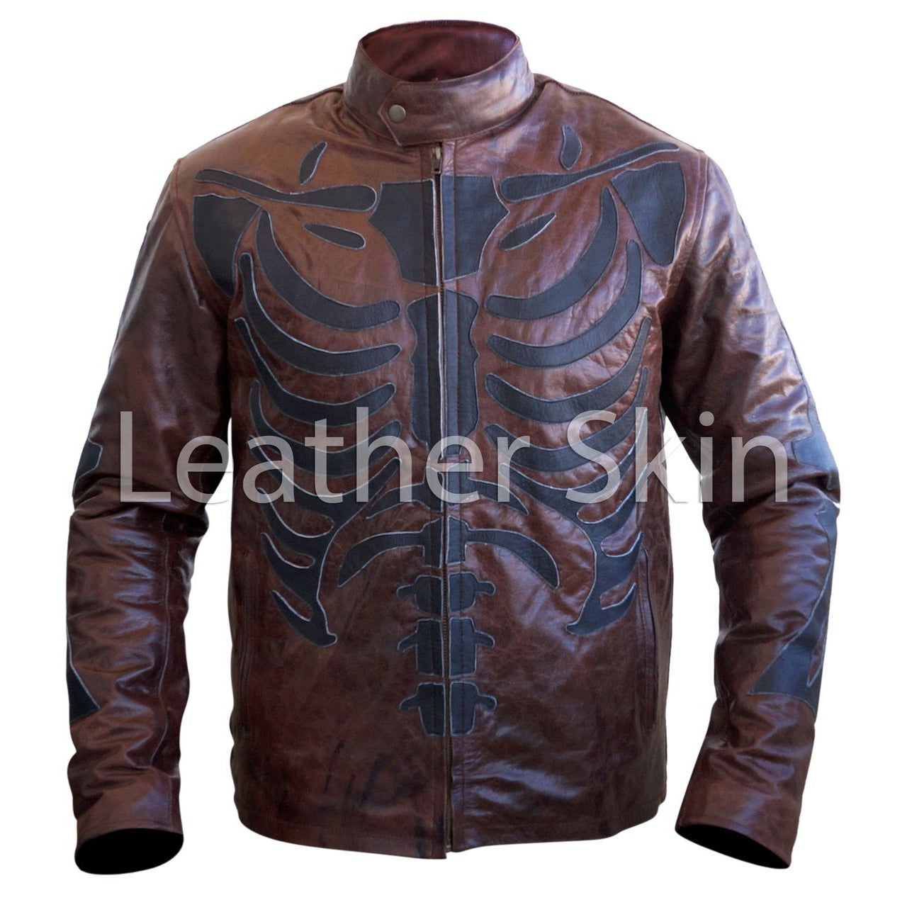 Men Two Tone Distressed Brown Black Skeleton Biker Motorcycle Leather Jacket
