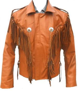 Leather Skin Men Orange Western Fringes Cowboy Genuine Real Leather Jacket