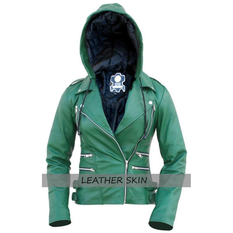 Green Brando Hooded Genuine Leather Jacket