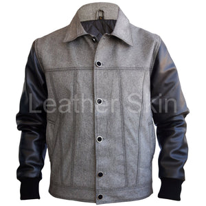 Leather Skin Men Denim Gray Grey Jacket with Black Leather Sleeves