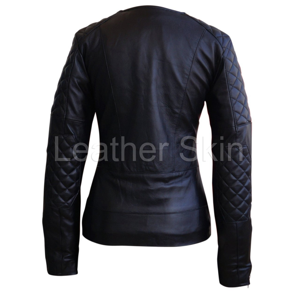 Leather Skin Women Black Brando Quilted Padded Genuine Leather Jacket