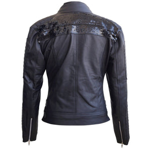 Leather Skin Women Black Genuine Leather Jacket with Black Stars