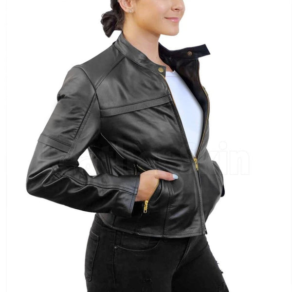 Home / Products / Black Biker Leather Jacket with Gold Zippers for Women