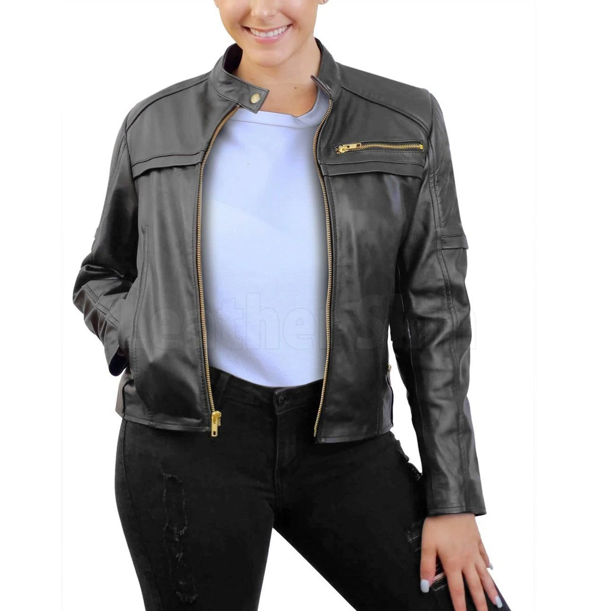 Womens Petite Black Quilted Leather Cafe Racer Jacket Free shipping