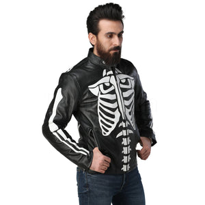 Black Biker Leather Jacket with White Skeleton