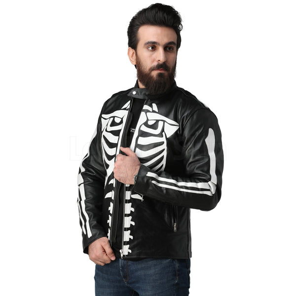 Black Biker Leather Jacket with White Skeleton