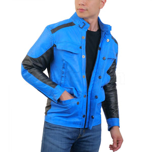 Blue Combo Biker Leather Jacket