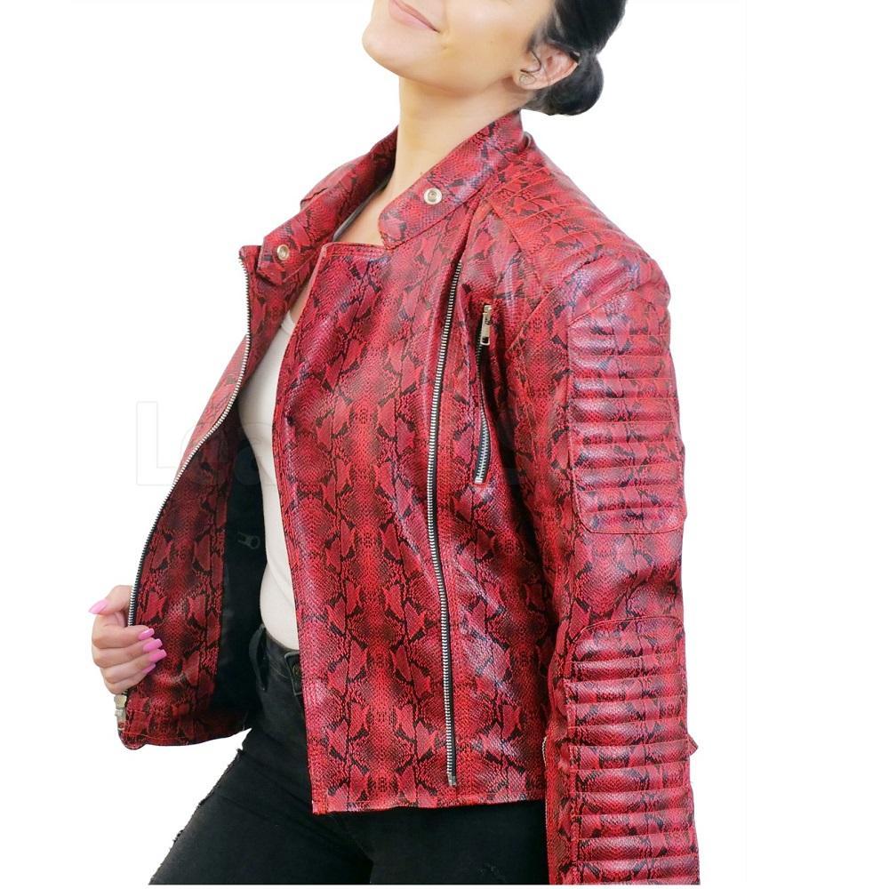 Home / Products / Bold Red Snake Pattern Faux Leather Jacket