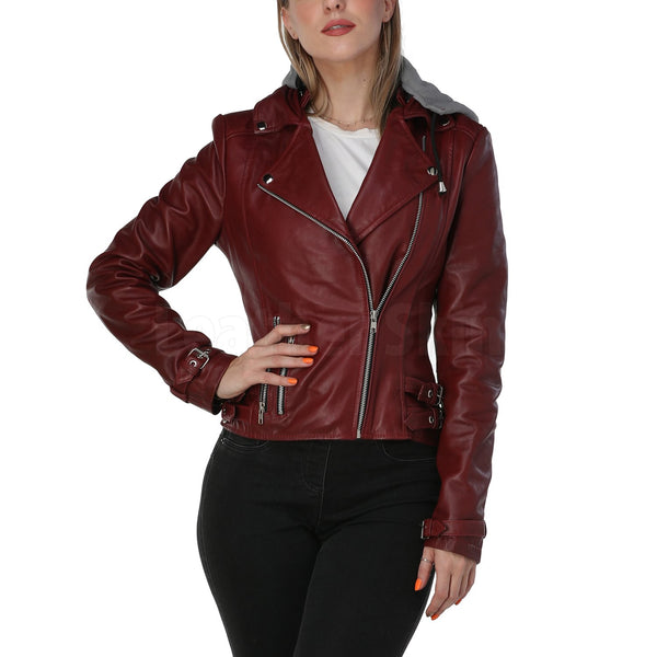Home / Products / Burgundy Leather Jacket with Gray Hood