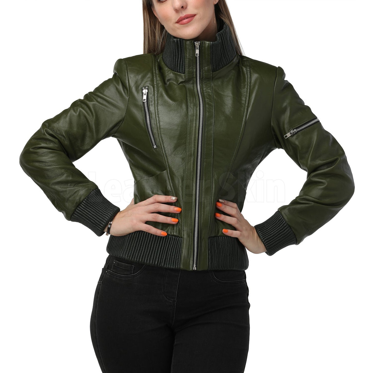 Womens Green Bomber Leather Jacket