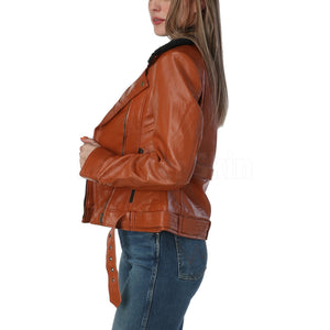 Cognac Brown Leather Jacket with Fur Collar