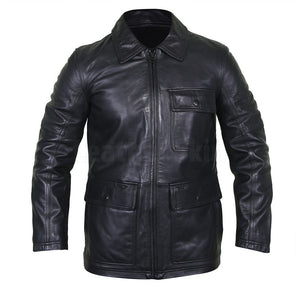 Collared Black Men’s Leather Bomber Jacket with Flap Pockets