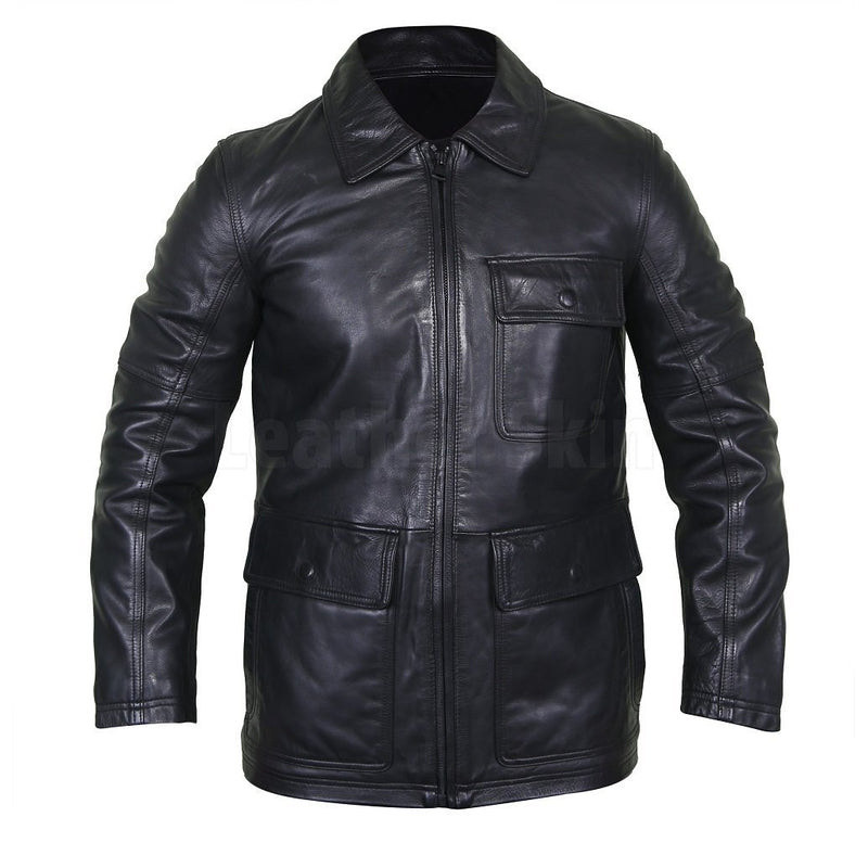 Home / Products / Collared Black Men’s Leather Bomber Jacket with Flap ...