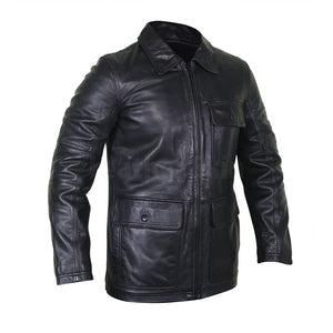 Collared Black Men’s Leather Bomber Jacket with Flap Pockets