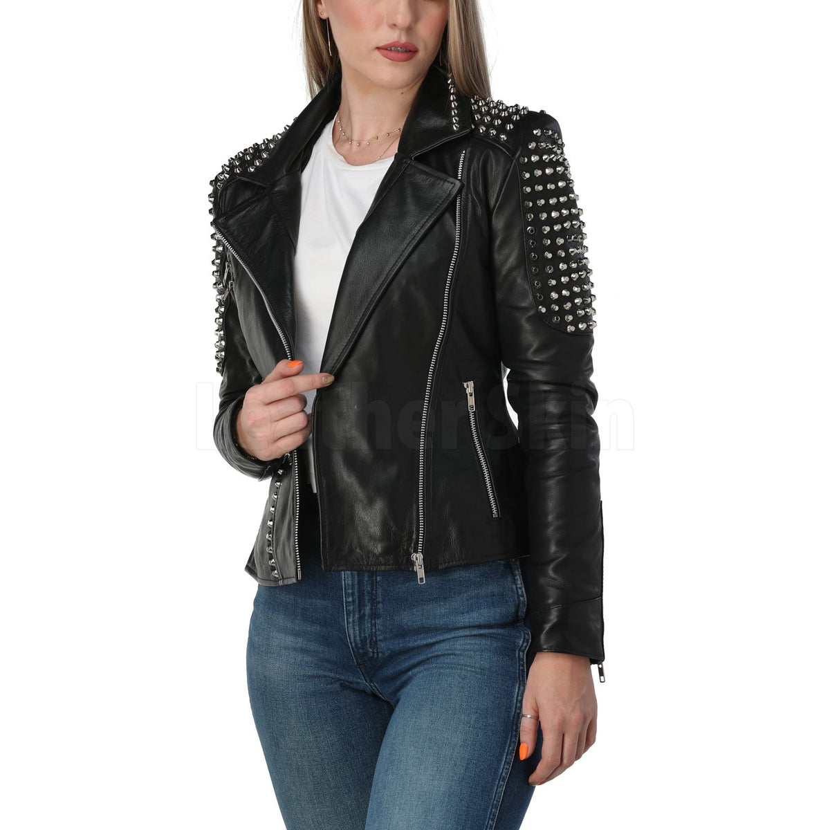 Jacket Hunt Black White Women Punk Fashion Leather Jacket | Brando Spikes Jacket 5XL