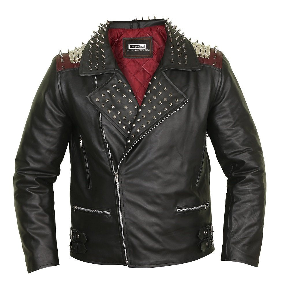 Edgy Black Leather Biker Jacket with Red Quilted Lining Leather