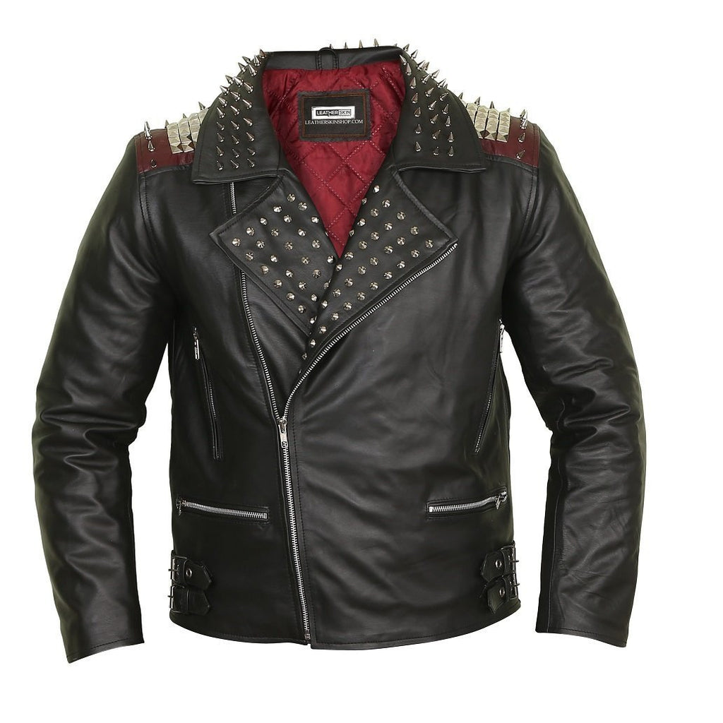 Edgy Black Leather Biker Jacket with Red Quilted Lining Leather
