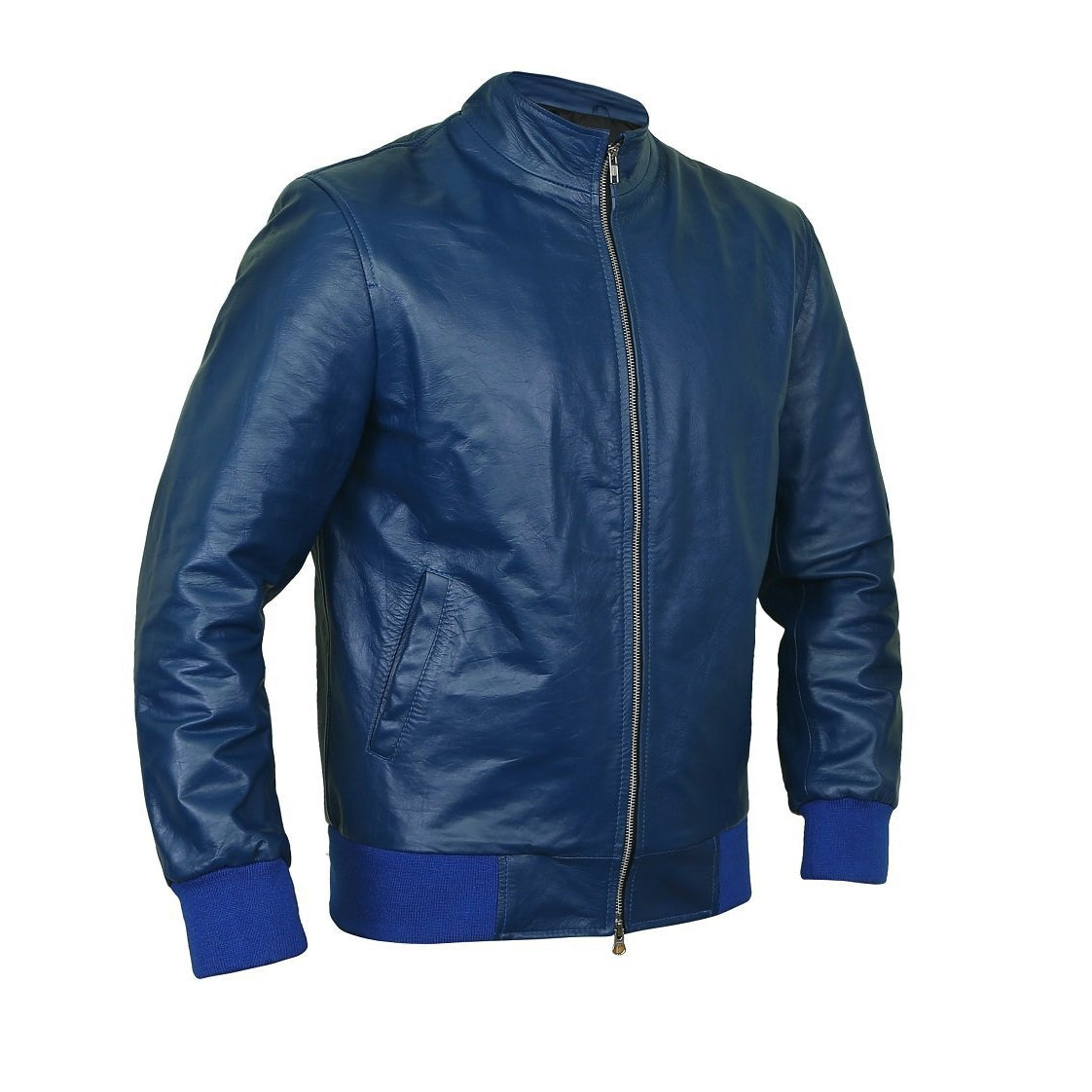 Mens Fashion Blue-Black Patched Genuine Leather Bomber Jacket | Lambskin Leather Varsity Jackets |, Blue & Black / S