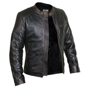 Elegant Black Cafe Racer Leather Jacket with Chocolate Lining