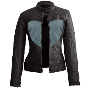 Leather Skin Women Shoulder Quilted Gray Love Heart Genuine Leather Jacket