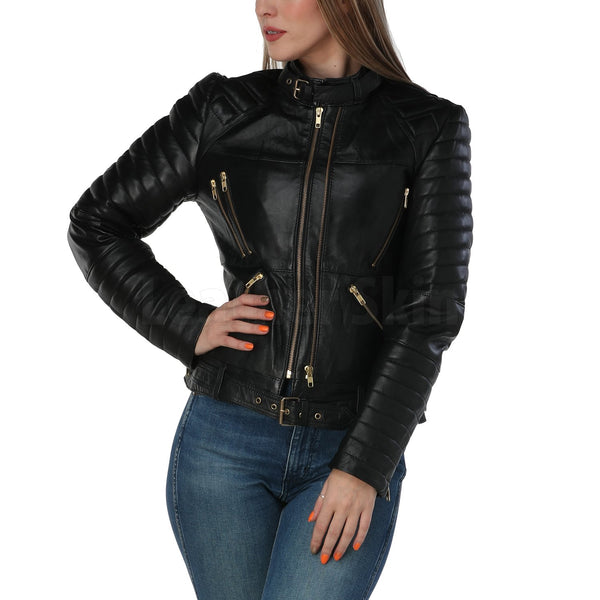 Katherine Black Belted Leather Jacket