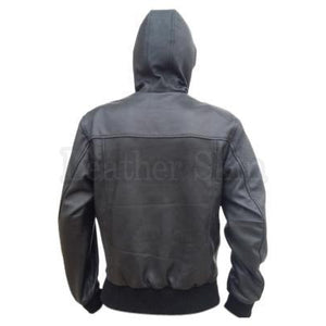 Hooded Black Real Leather Jacket for Men