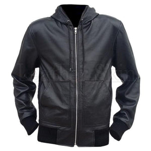 Men Black Hooded Hoodie Genuine Leather Jacket
