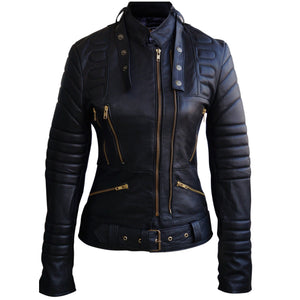 Leather Skin Women Black Brando Padded Genuine Leather Jacket