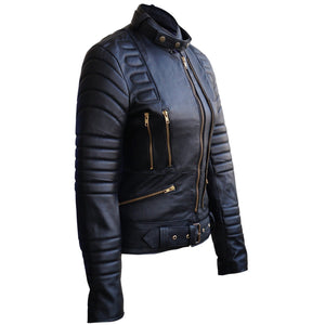 Leather Skin Women Black Brando Padded Genuine Leather Jacket