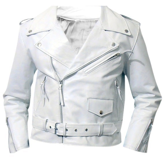 Leather Skin Men White Brando Biker Motorcycle Genuine Leather Jacket