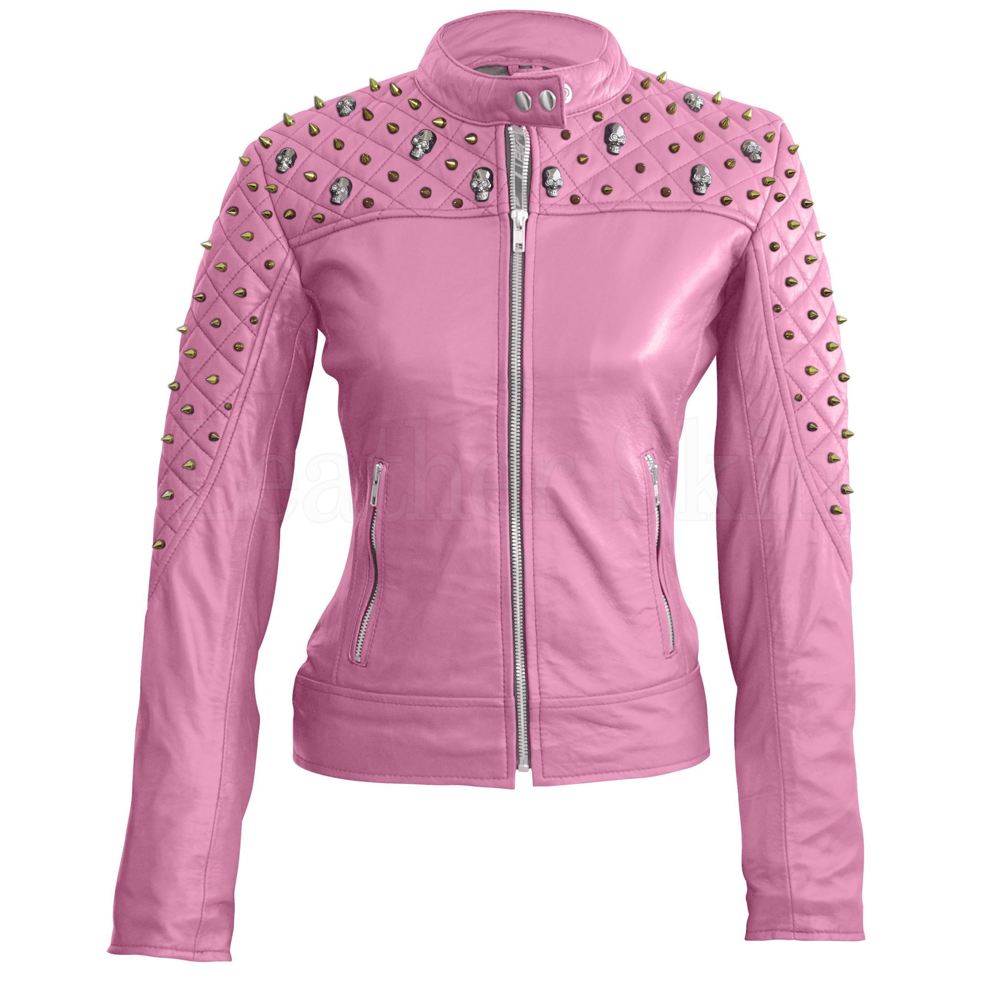 https://leatherskinshop.com/products/leather-skin-women-pink-quilted-gold-studded-skeletons-genuine-leather-jacket