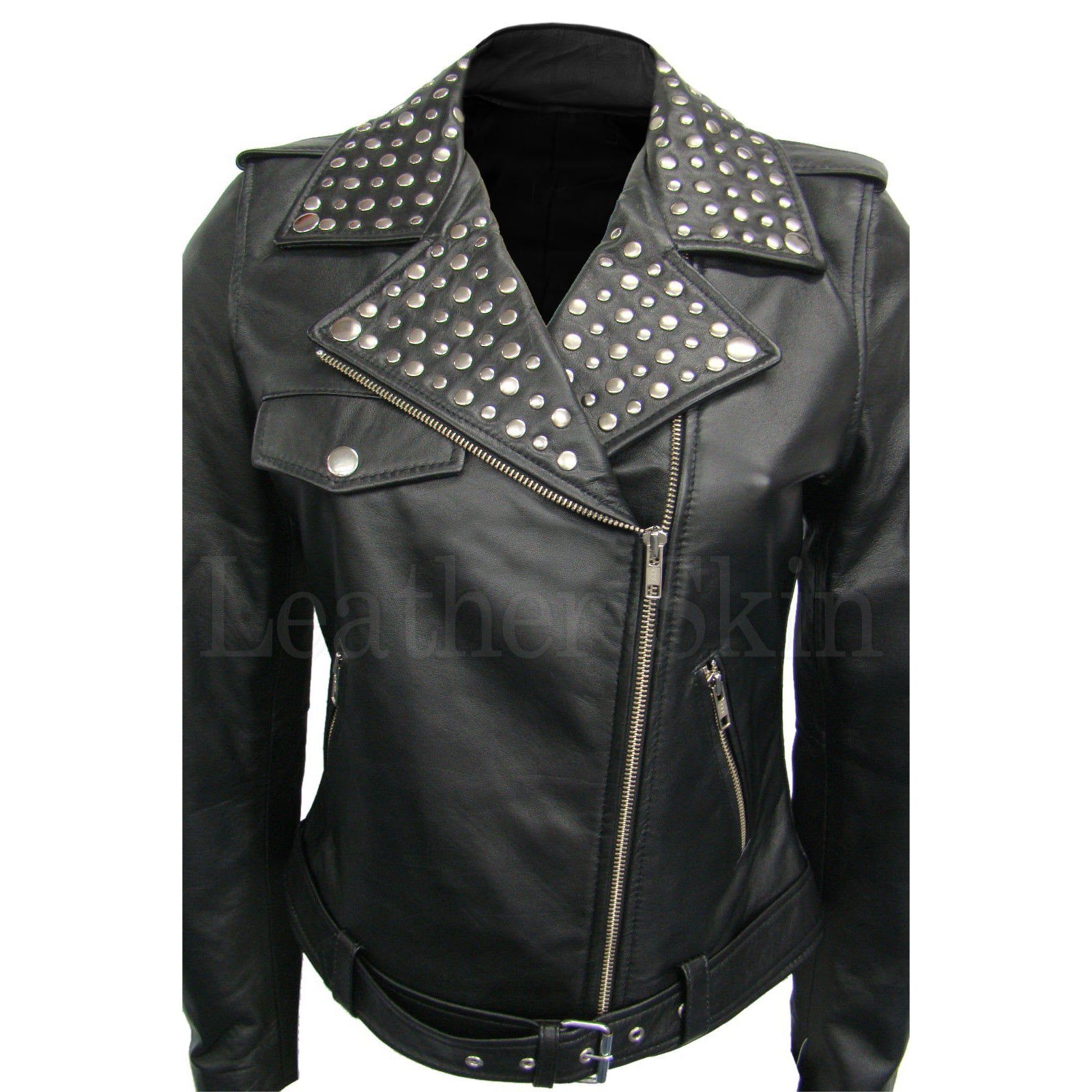 Leather Skin Women Brando Black Collar Studded Genuine Leather Jacket