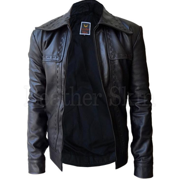 Men Black Dotted Stylish Genuine Leather Jacket