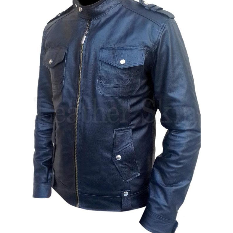 Men Black Genuine Real Biker Leather Jacket Front Pockets