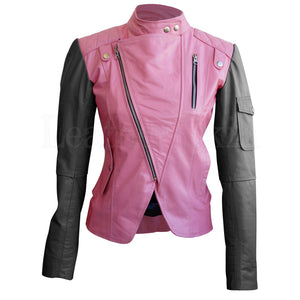 Leather Skin Women Pink with Black Sleeves Shoulder Quilted Brando Genuine Leather Jacket
