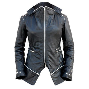 Women Black Leather Jacket with Spiked on Shoulder