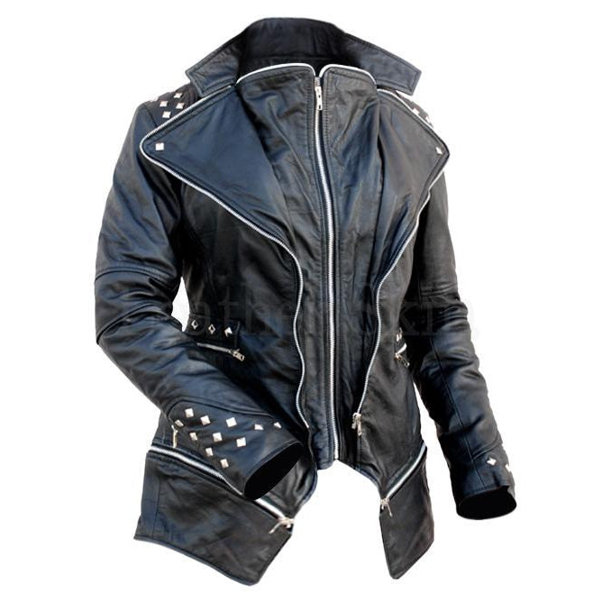 Black Punk Studded Shoulder Spike Spikes Studs Stud Women Genuine Leather Jacket
