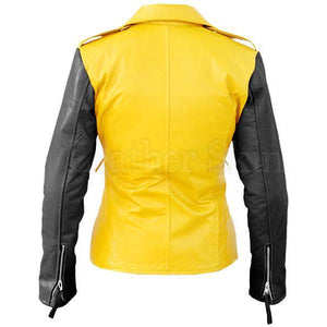 Leather Skin Women Yellow Brando Genuine Leather Jacket with Black Sleeves