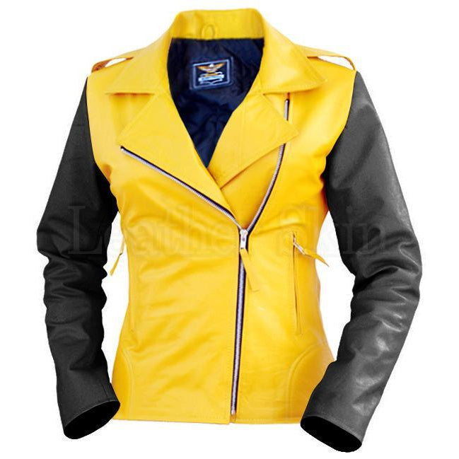 Women Yellow Brando Belted Leather Jacket with Shoulder Epaulettes