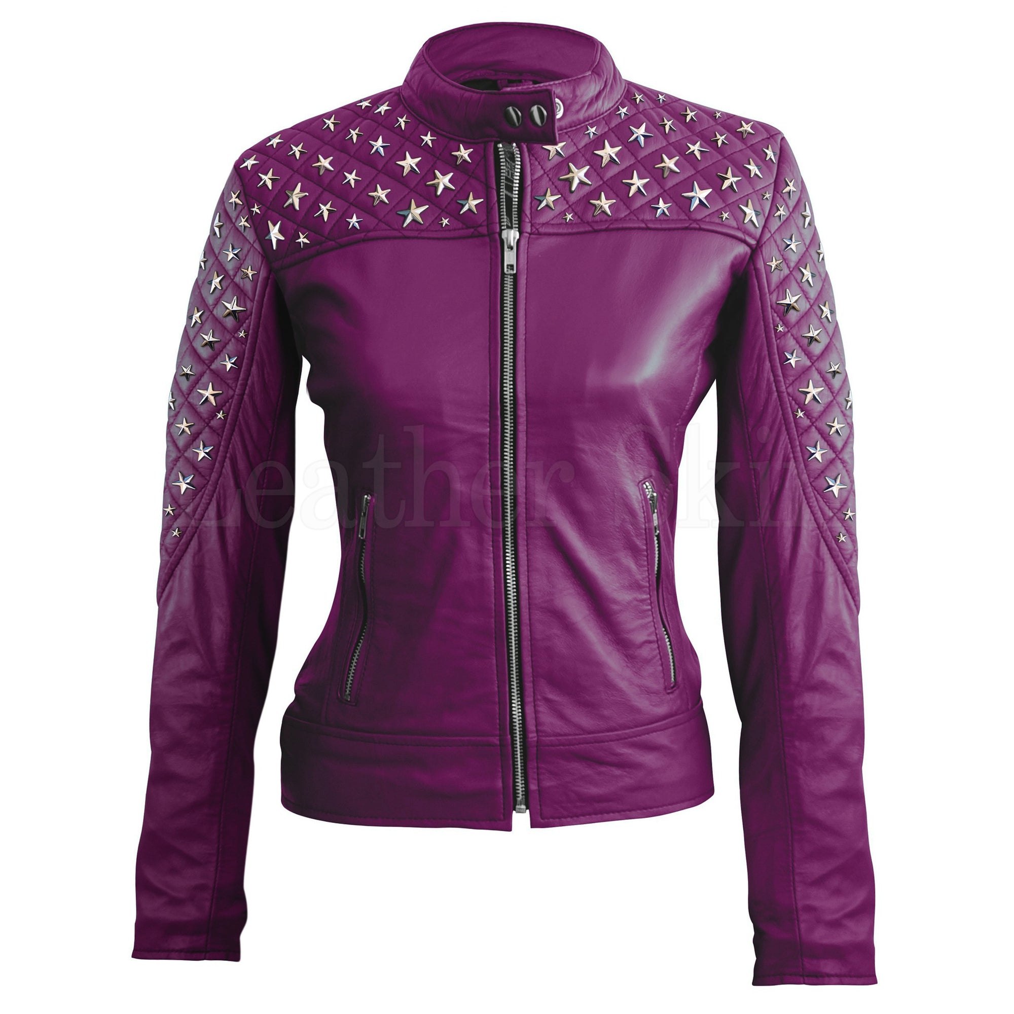 Leather Skin Women Purple Star Silver Studs Quilted Genuine Leather Jacket