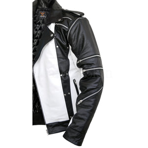 Men Black & White Thriller Premium Genuine Pure Real Leather Jacket