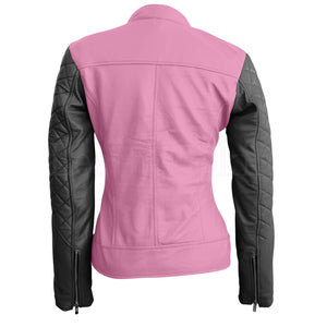 Leather Skin Women Pink with Black Sleeves Shoulder Quilted Genuine Leather Jacket