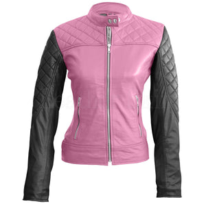 Leather Skin Women Pink with Black Sleeves Shoulder Quilted Genuine ...