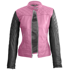 Leather Skin Women Pink with Black Sleeves Shoulder Quilted Genuine ...