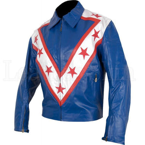 Men USA Blue Leather Jacket with Red Stars