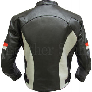 Men Genuine Leather Jacket in Black Color with White Stripes
